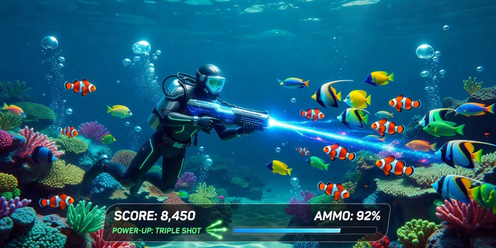 Minh họa khái niệm bắn cá online nh88 với giao diện game sống động