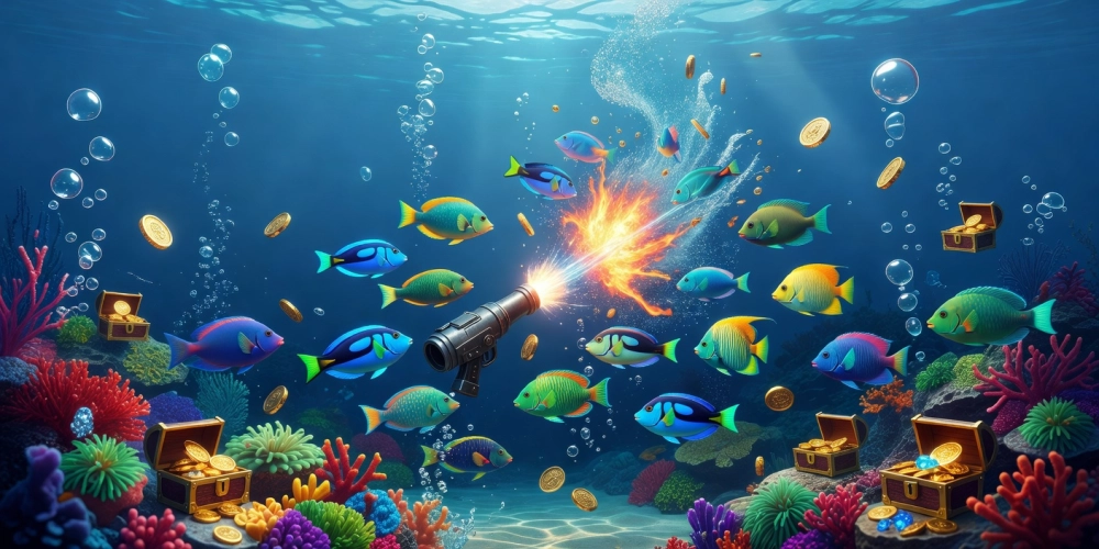 Minh họa giao diện game bắn cá zui nh88 với đồ họa đại dương sống động và các loài cá đa dạng