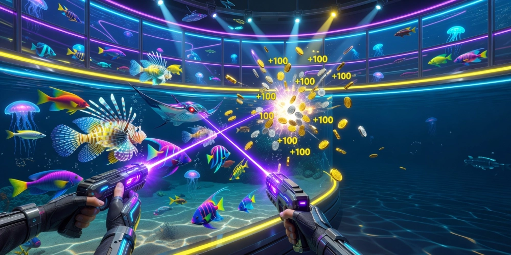 Hình ảnh gameplay Fishing War NH88 với súng bắn cá mạnh mẽ và hiệu ứng nổ xu vàng rực rỡ