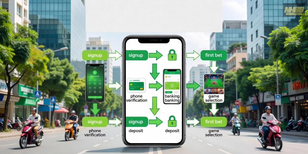 Caption hướng dẫn từng bước đăng ký và sử dụng NH88 qua sơ đồ flowchart