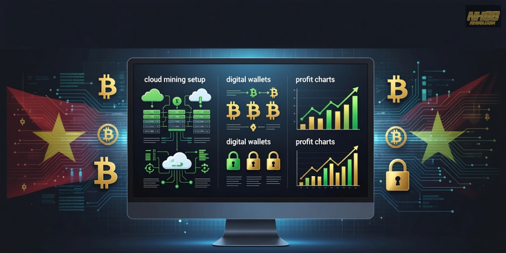 Hình minh họa khái niệm hướng dẫn đào bitcoin nh88 với biểu đồ và thiết bị mining