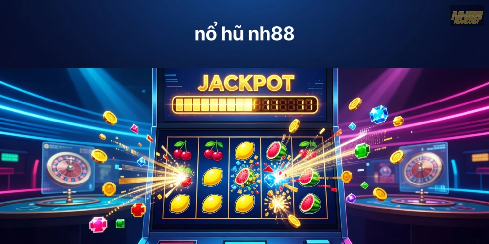 Minh họa khái niệm nổ hũ nh88 với jackpot hấp dẫn và biểu tượng slot machine